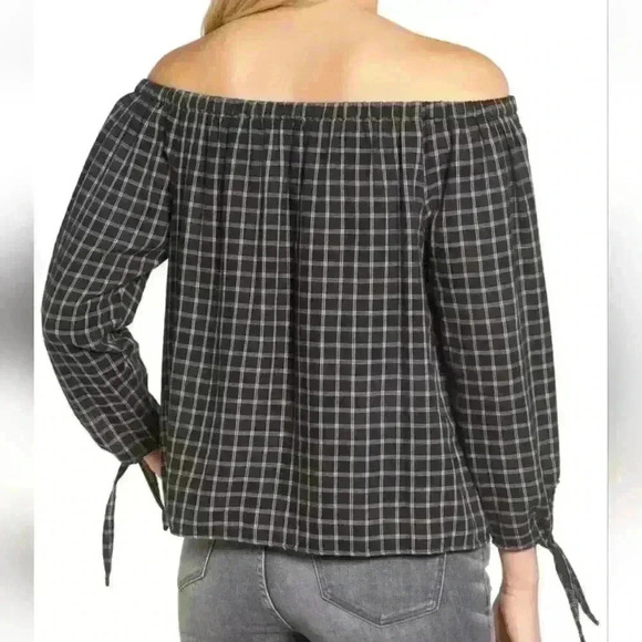 Madewell Plaid Off or On the Shoulder Top Sz Large Black/ White Tie Sleeves - Picture 2 of 8